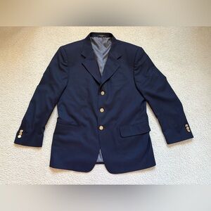 Roger Stuart Petrocelli Uomo wool navy blue suit jacket with gold buttons, sz 44